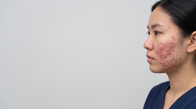Side Profile of Asian Woman with Severe Acne Vulgaris and Inflammation on Cheek