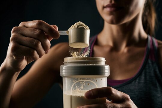 Young woman in activewear pours dry protein powder into plastic shaker bottle. Person adds food supplement scoop for post workout drink prep in gym. Athlete mixes healthy gainer meal replacement to