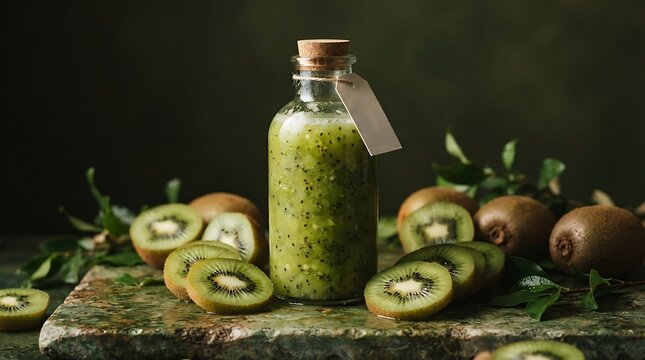 Freshly Squeezed Kiwi Juice in a Glass Bottle Surrounded by Ripe Kiwis.