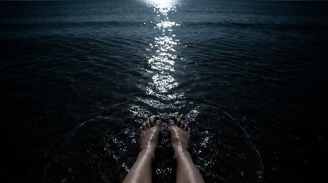 Feet in Dark Water with Moonlight Reflection.