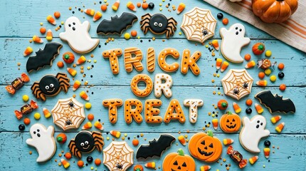 Naklejka premium Top view of trick or treat text made from colorful candies surrounded by various halloween themed cookies and decorations on a rustic blue wooden background