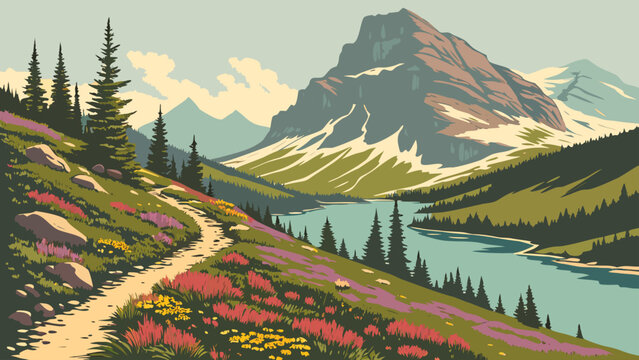 Mountain landscape illustration with alpine meadow trail and lake, mountain
