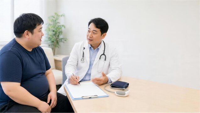 睡眠や血圧を含む肥満症の継続治療を相談する日本人男性