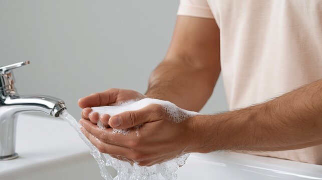 Running tap water washing hands over sink, personal hand hygiene sanitary healthy‑lifestyle real‑life asset