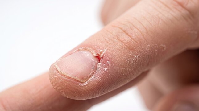 Macro view of painful hangnail and peeling dry skin around finger nail