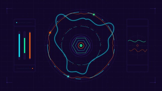 Animated futuristic hud interface with rotating digital data circles