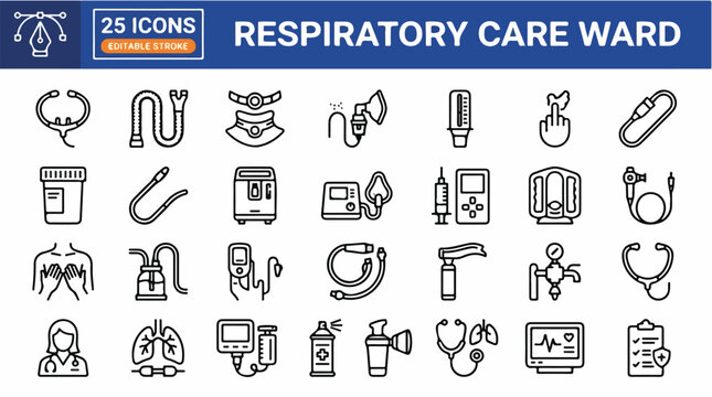 Medical Icon Set for Respiratory Care Ward Featuring Lung Health Oxygen Therapy and Hospital Equipment