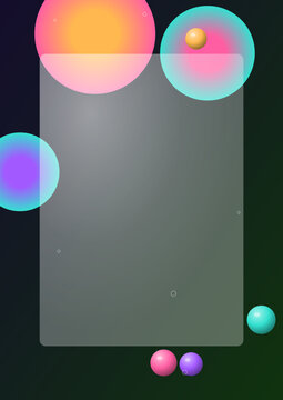Modern abstract background featuring a frosted glass card ui design element with colorful floating gradient spheres on a dark moody backdrop