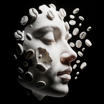 White female face profile disintegrates into floating roasted coffee beans. Surreal sculpture head shatters with grains flying away on dark background. Artistic concept of caffeine energy awakening