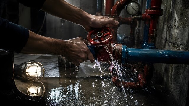 Worker's hands struggle to manage a significant water leak from an old industrial pipe system valve, water splashing in a dark, humid environment.