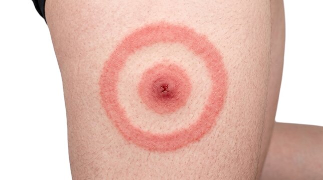 Close Up of Erythema Migrans Lyme Disease Bullseye Rash from Tick Bite on Thigh