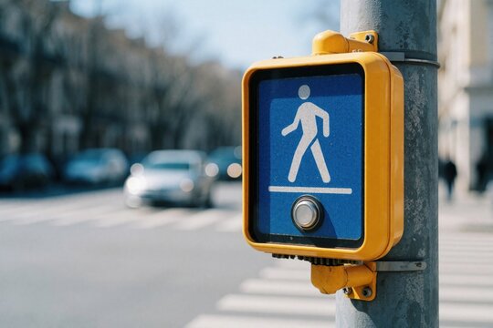 Close view of pedestrian signal box with walking man icon and push button. Blurred city traffic and crosswalk in background. Safety measure for street crossing.