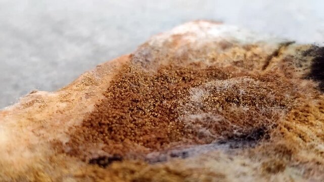Rhizopus stolonifer (black bread mold) growing on rotten bread surface. Detailed view of sporangium and mycelium for biology and science education