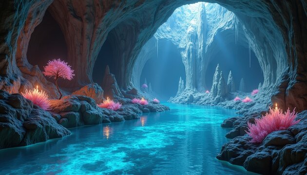 pixel art fantasy cavern with glowing blue river and pink crystal flora, serene subterranean landscape for gaming