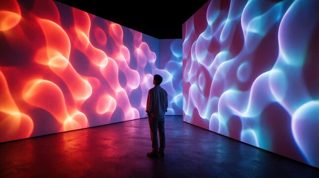 Person stands in dark room with glowing wall screens. Vibrant abstract neon light shapes shift on surfaces around viewer. Man observes digital art installation in immersive space. Futuristic gallery