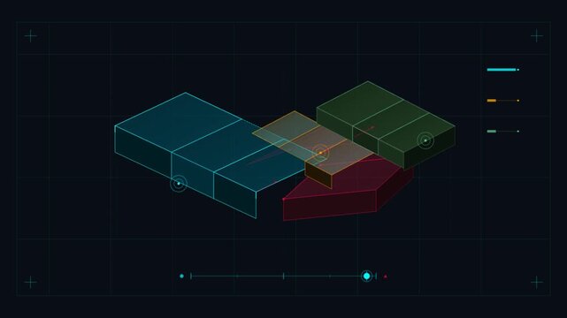 Futuristic isometric data visualization with moving 3d blocks