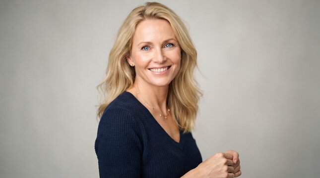 Smiling middle aged woman with long hair in a cozy sweater against a neutral background