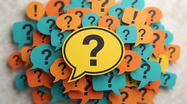 Colorful question mark speech bubbles representing curiosity with showcases variety
