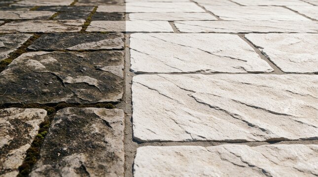 Close view split screen comparison of stone patio surface before, after pressure washing. Dark dirty mossy pavers transition into bright clean light concrete tiles. Pro maintenance service renewal