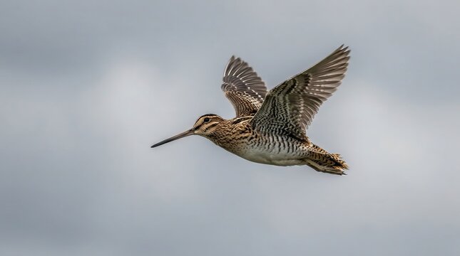 Common snipe bird in flight against a soft gray sky with soaring gracefully