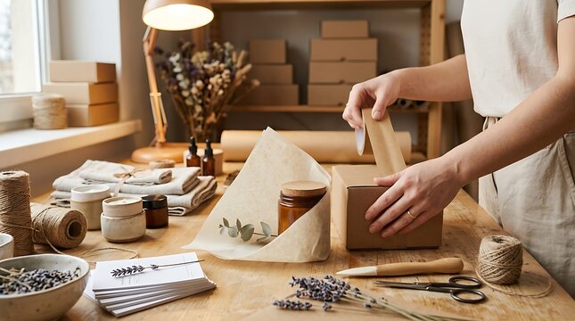 Artisan small business owner carefully packing handmade eco-friendly cosmetics and organic skincare products into cardboard shipping boxes at a warm, rustic wooden workshop table, close up.