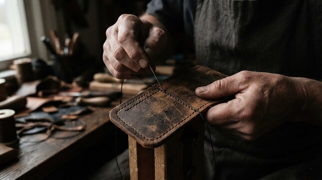 Artisan handcrafting leather goods in a cozy workshop environment with showcases craftsman