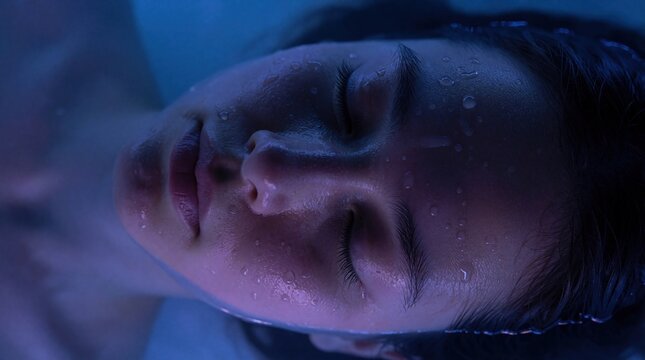 Young woman floats in dark sensory deprivation tank filled with saline water. Female face rests on surface during wellness spa therapy. Person experiences deep mental relaxation meditation,
