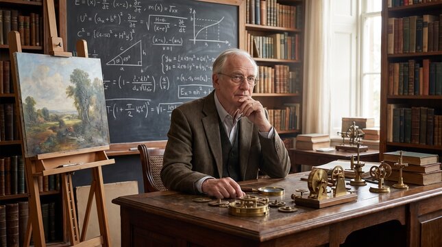 Senior male polymath working at a wooden desk with brass mechanical inventions, equations, and paintings