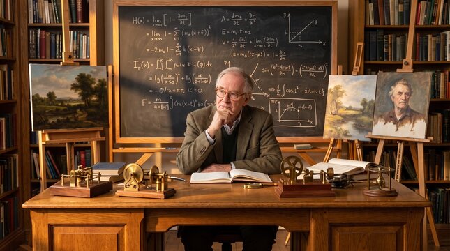 Thoughtful senior scientist polymath sitting at a desk surrounded by art, math equations, and mechanical devices