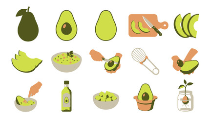 Set of flat vector icons showing avocado preparation and various healthy food ingredients.
