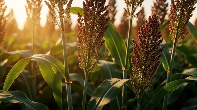 Mature sorghum stalks grow in organic farm field during golden hour sunset. Tall green plants feature reddish brown grain heads ripening under warm sunlight. Agriculture rural landscape shows cereal