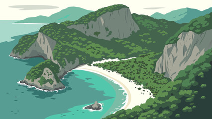 Coastal beach landscape with cliffs and lush vegetation tropical landscape © Pkos