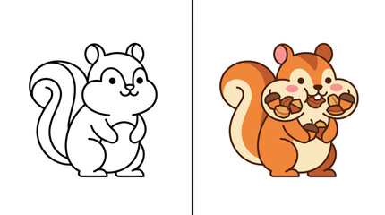 Squirrel with acorns autumn coloring page for kids.