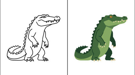 Obraz premium Standing alligator line art and flat color illustration.