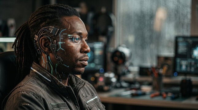 Thought-provoking visual of a human profile featuring cybernetic enhancements, blurring the line between human and machine, digital soul concept, with copy space