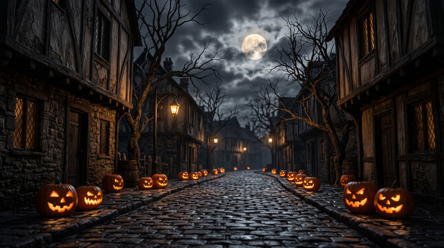 Atmospheric Halloween Night on a dark Medieval Cobblestone Street with Glowing Jack-o'-Lanterns along the street, Spooky Bare Trees, Street lights, and a Full Moon in the distant sky