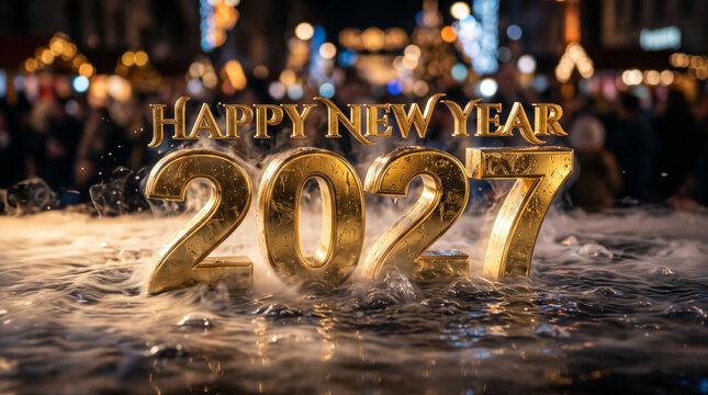 3d golden happy new year 2027 text seemingly rise from a liquid fog surface with ripples and bokeh background