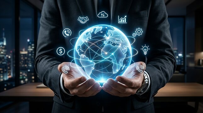 Businessman in a dark suit holding a glowing futuristic digital globe surrounded by global communication, cloud computing, financial, and strategy network icons in a modern office room.