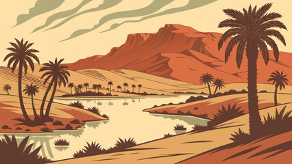 Obraz premium Stylized desert landscape illustration featuring palm trees and an oasis