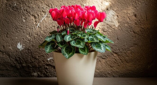 Red cyclamen plant in minimalist pot with cyclamen botanical minimalist