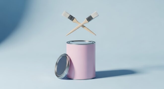 Pastel paint tin and brushes on blue background with canister, renovation