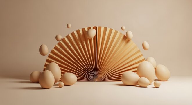 Beige fan structure with floating wooden spheres decorative minimalist