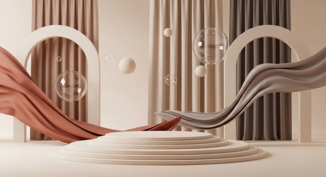 Minimalist circular product display stage with beige curtains