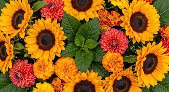 Floral arrangement with sunflowers and dahlias