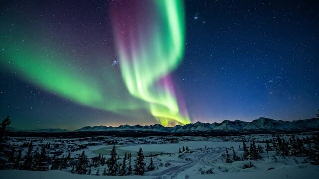 Spectacular Aurora Borealis Display Over Snowy Landscape at Night.