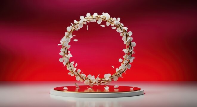 Elegant floral circular arch on reflective red stage