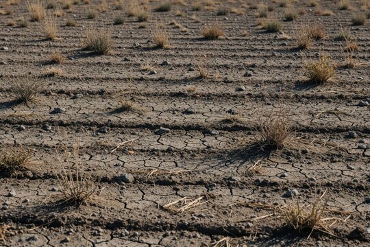 Dry cracked earth ground surface with sparse yellow grass plants. Barren field texture under hot sun in summer season. Arid landscape showing signs of water scarcity, intense heat damage. Nature