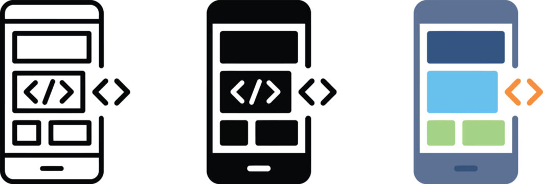 Mobile app development and programming icon set featuring smartphone devices with code symbols in outline, solid, and color styles
