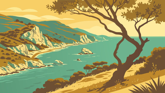 Coastal seascape with cliffs and tree overlooking the ocean landscape seascape
