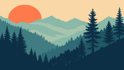 Fototapeta premium Mountain range forest landscape at sunset graphic art with mountain, landscape